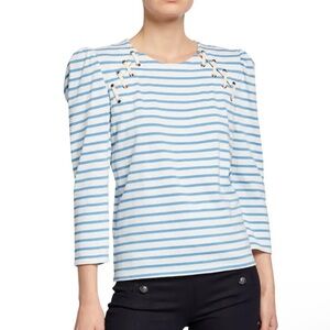 Veronica Beard Eli Baseball Blue/White Striped Tee Puff Long Sleeve Top Size S